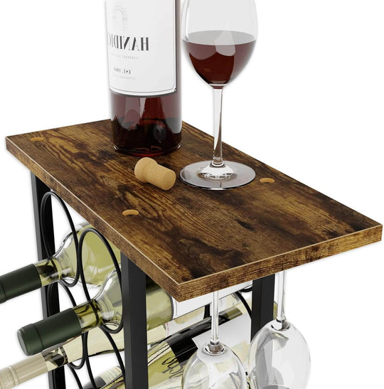 Stylish wooden and metal countertop wine rack holding 6 bottles and 2 glasses, perfect for affordable luxury and DIY decor.