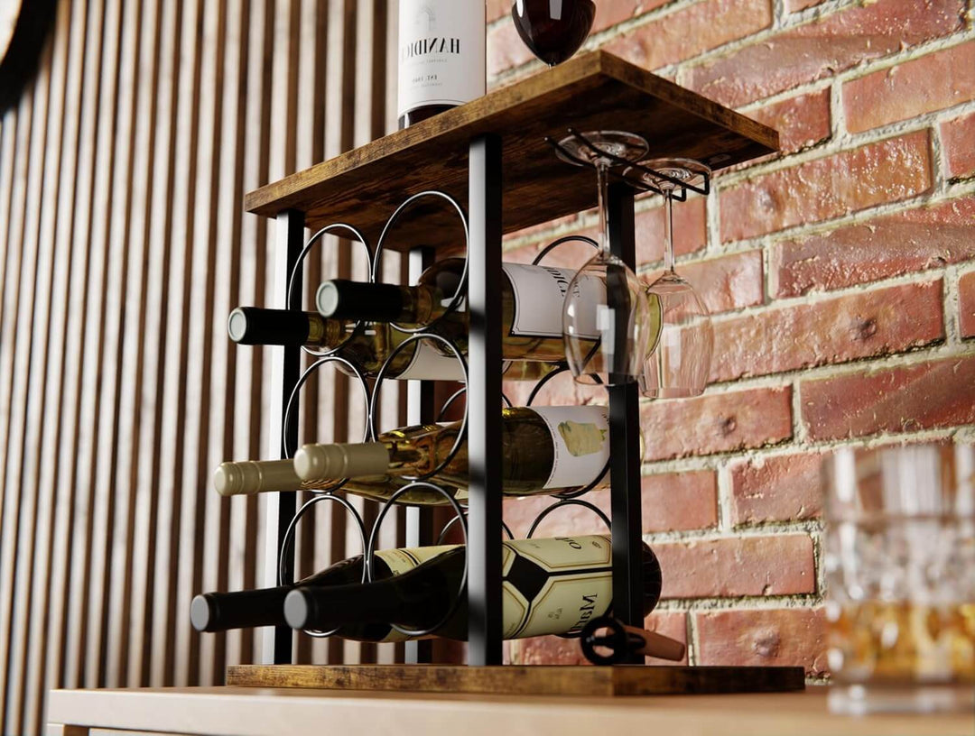 Stylish wooden and metal wine rack countertop holder for 6 bottles and 2 glasses against a brick wall.