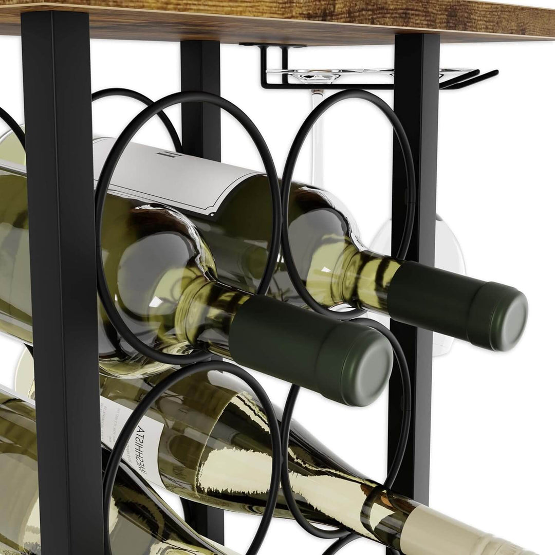 Wooden and metal countertop wine rack holding 6 bottles, featuring a stylish design and durable, affordable quality.