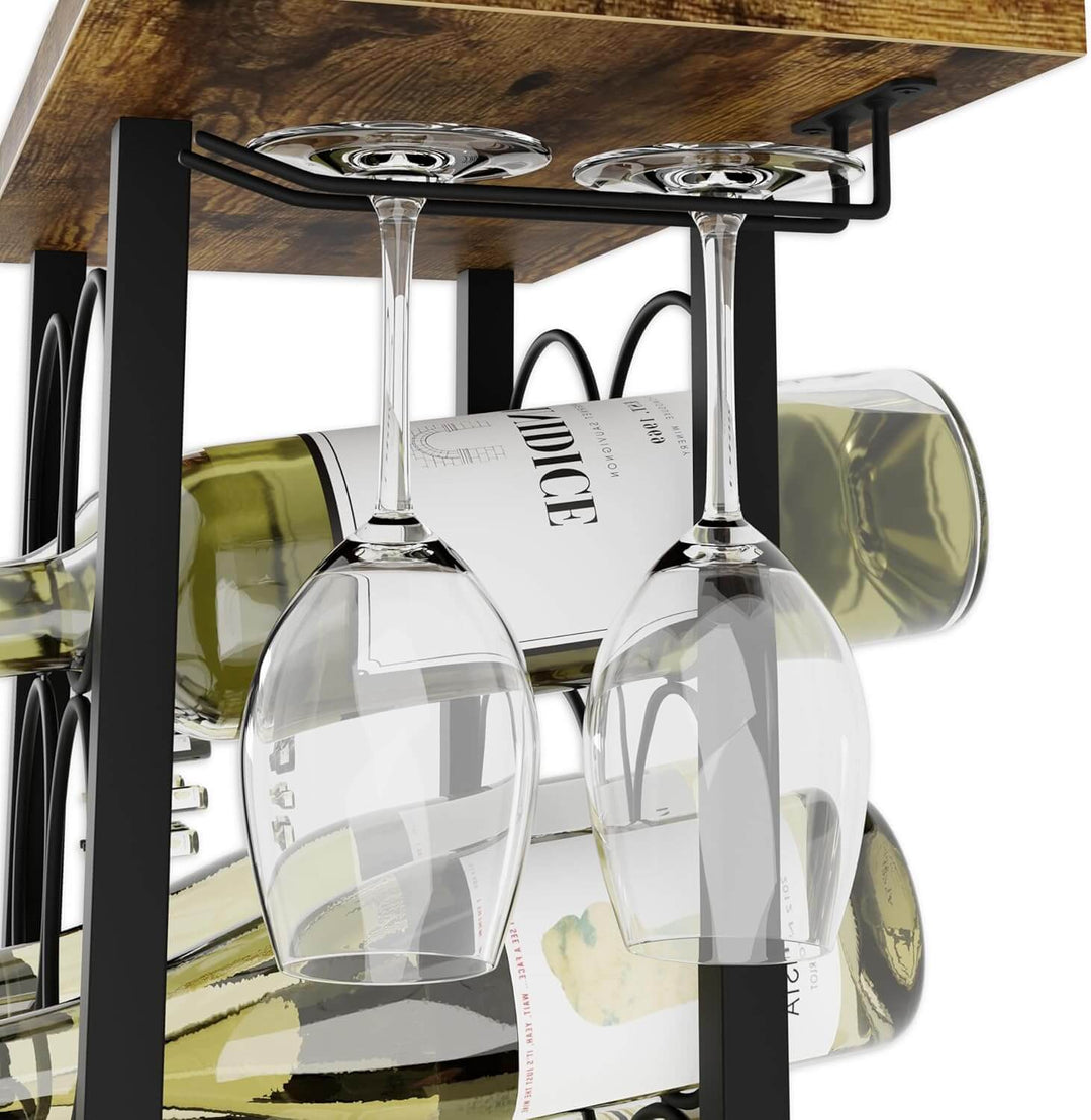 Wooden and metal wine rack holding six bottles and two glasses, showcasing a stylish and durable design for affordable luxury.