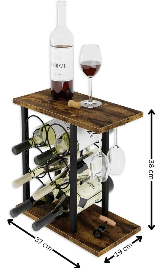 Stylish wooden and metal wine rack for 6 bottles and 2 glasses, adding rustic charm to any countertop.