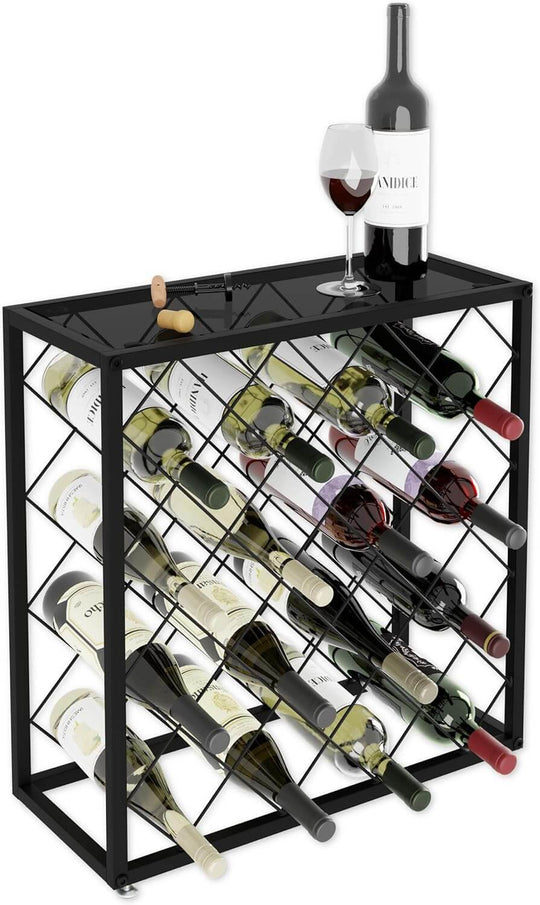 Affordable freestanding metal wine rack for 25 bottles with wine glasses and a bottle on top, showcasing quality and stylish design.