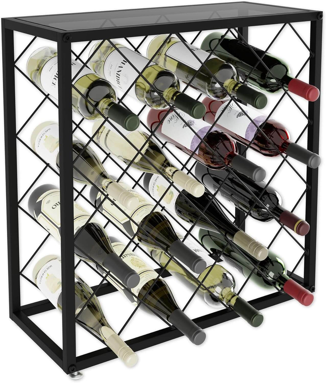 Freestanding metal wine rack with capacity for 25 bottles, showcasing an organized collection of wine on a sleek countertop.