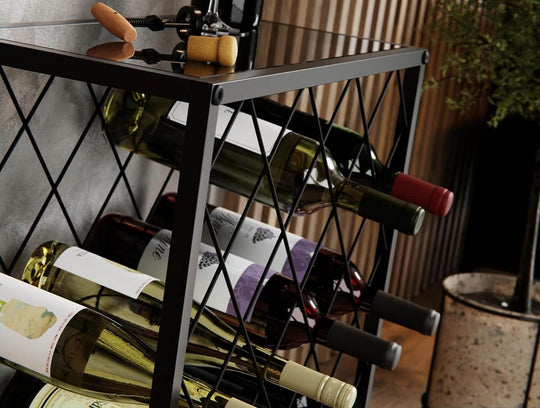 Freestanding metal wine rack displaying various wine bottles, showcasing affordable luxury and quality storage solutions.