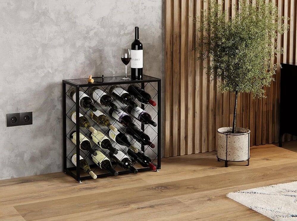 Freestanding metal wine rack for 25 bottles, showcasing affordable quality and modern design in a stylish setting.