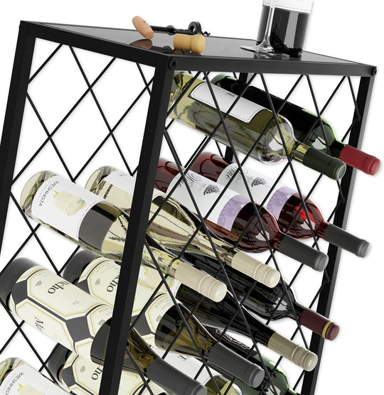 Freestanding metal wine rack showcasing 25 bottles, perfect for affordable storage and DIY wine organization.