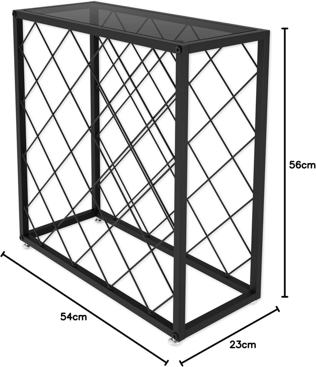 Freestanding metal wine rack for 25 bottles, measuring 54cm x 23cm x 56cm, stylish and affordable wine storage solution.