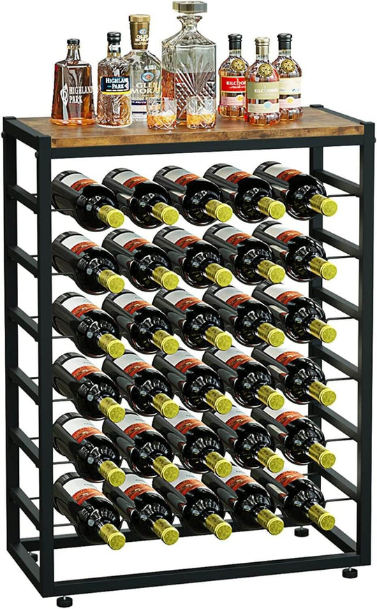 6-tier freestanding wine rack holding 30 bottles with wood countertop and sturdy metal frame, ideal for wine lovers and home bars.