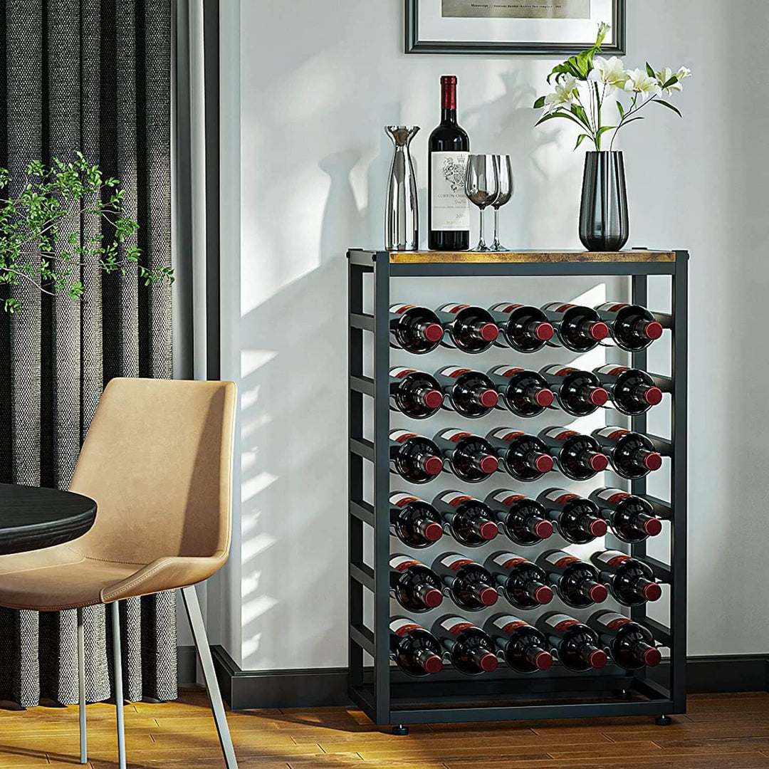 6-tier freestanding wine rack holding 30 bottles, wood countertop, sturdy metal frame in a stylish room setting.