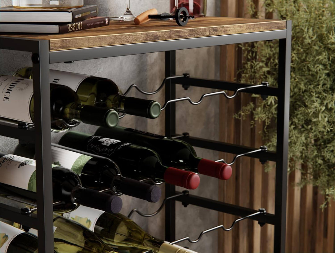 6-tier freestanding wine rack displaying 30 bottles with a wood countertop and sturdy metal frame, perfect for wine lovers.