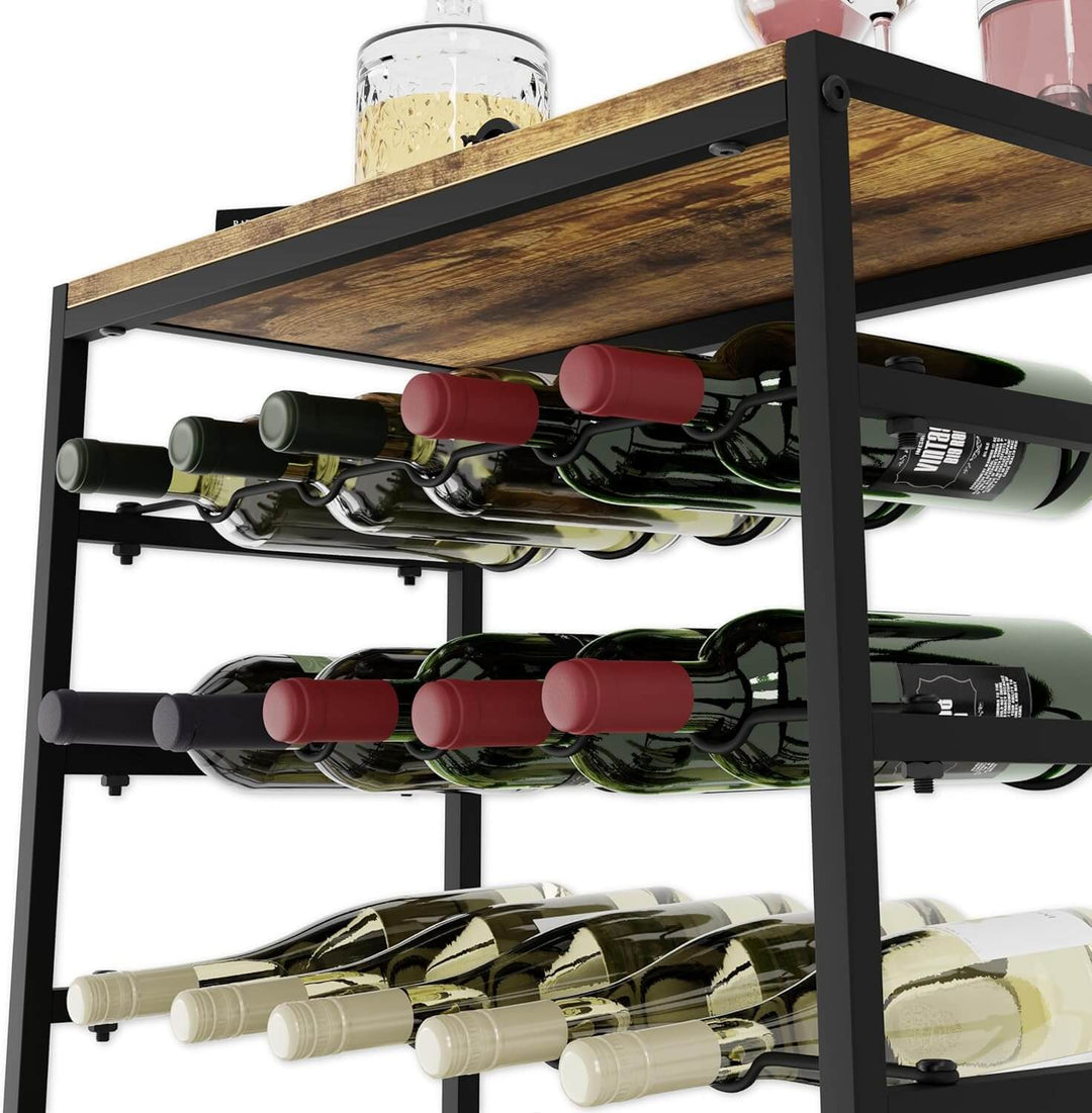 6-tier freestanding wine rack displaying 30 bottles with wood countertop and sturdy metal frame, ideal for quality wine storage.