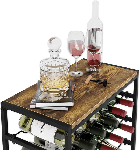 6-tier freestanding wine rack with wood countertop, glasses, and decanter, showcasing large capacity for wine bottles.