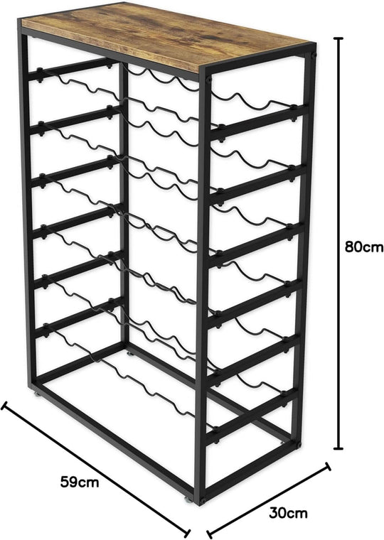 6-tier freestanding wine rack holding up to 30 bottles with a wood countertop and sturdy metal frame, dimensions 80cm x 59cm x 30cm.