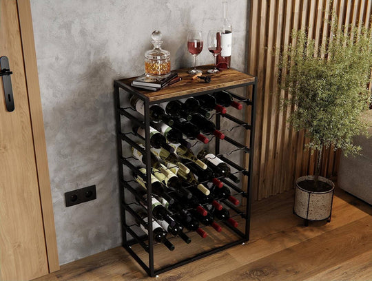 6-tier freestanding wine rack with wood countertop, holding 30 bottles, in a stylish modern interior setting.