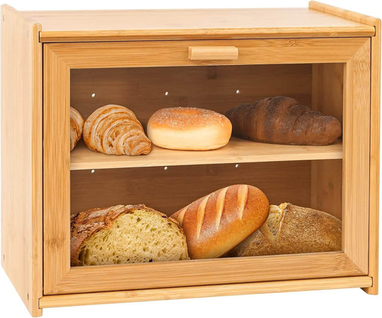 Double Layer Bamboo Bread Box with Transparent Window, Spacious Storage for Breads and Baked Goods in Kitchen.