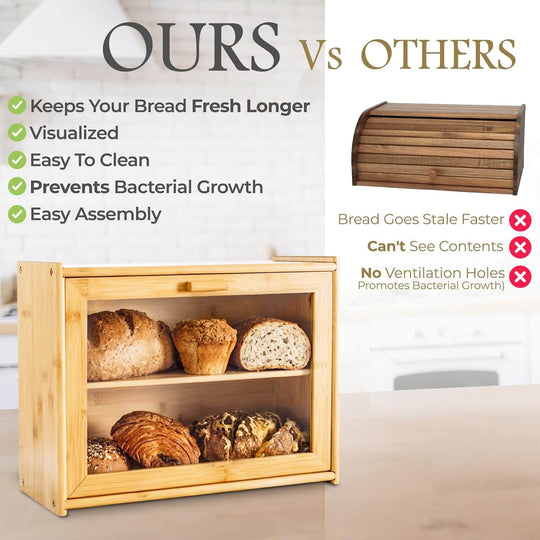 Double layer bamboo bread box comparison showing fresh storage vs stale bread in wooden container.