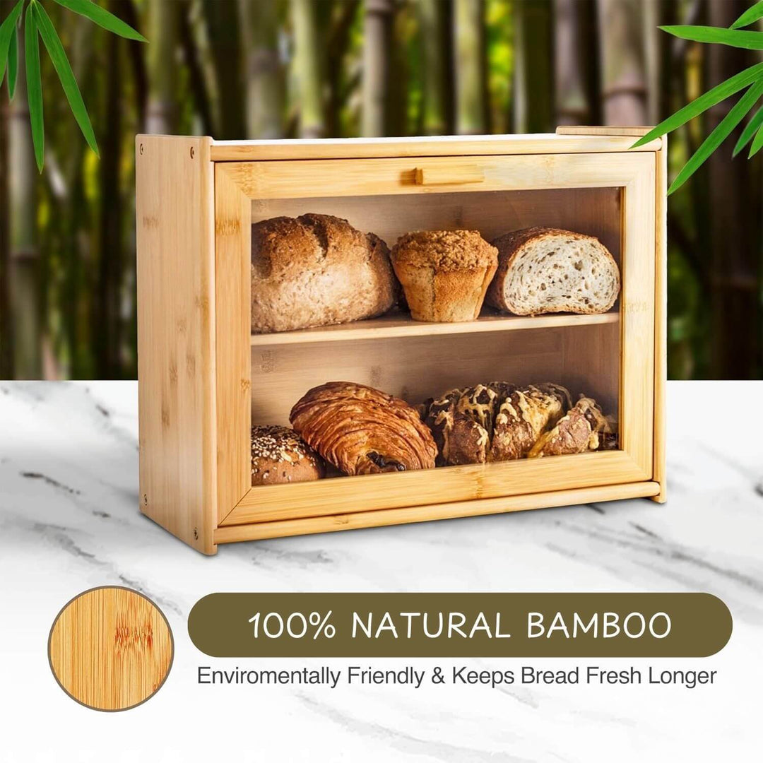 Double layer bamboo bread box with transparent window, spacious for fresh loaves, eco-friendly design, kitchen storage solution.