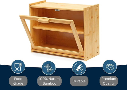 Double layer bamboo bread box with transparent window, spacious and durable for kitchen organization.