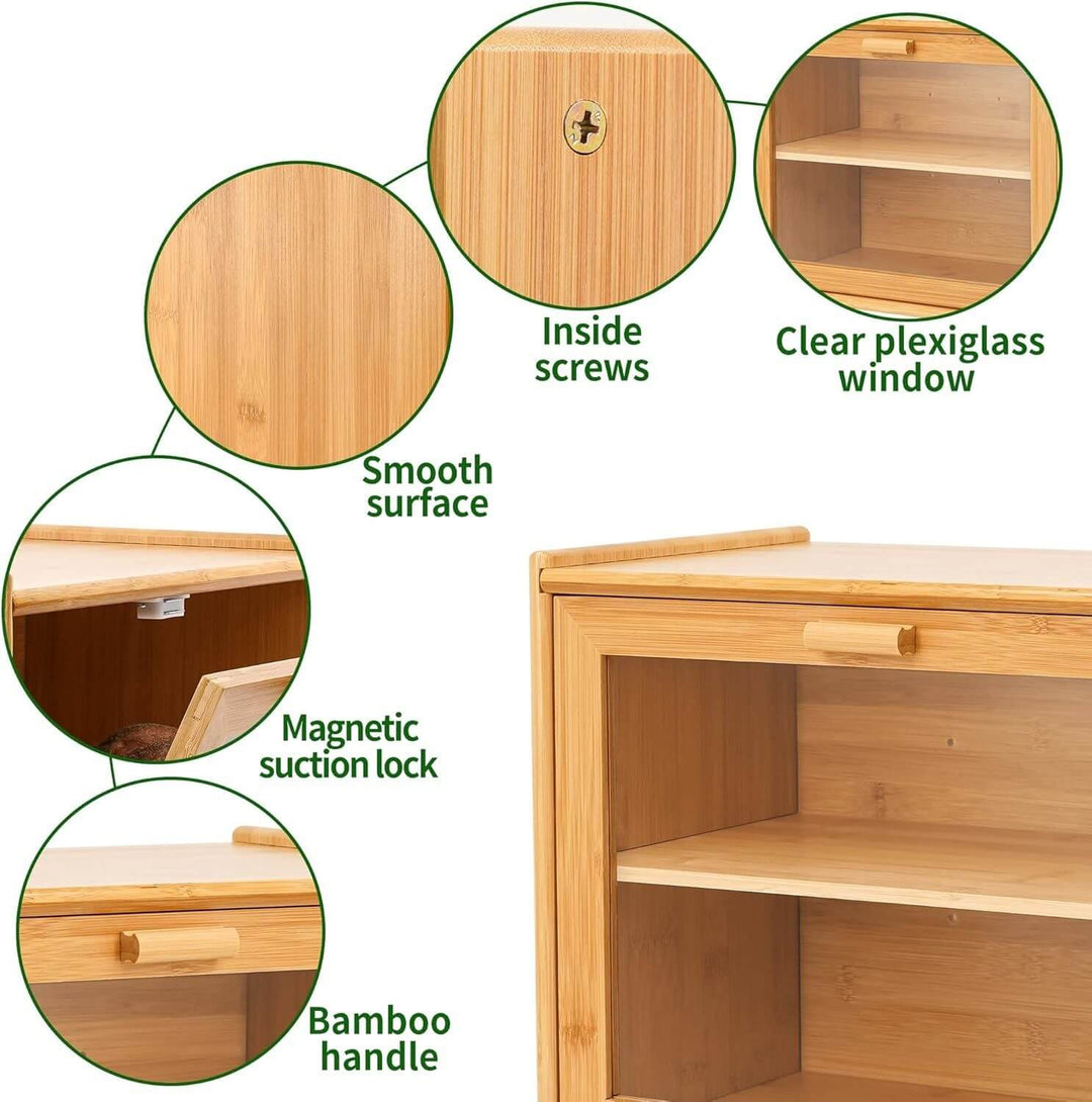 Features of Double Layer Bamboo Bread Box: smooth surface, magnetic lock, clear window, bamboo handle, and inside screws.