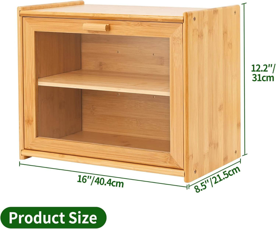 Double layer bamboo bread box dimensions showing spacious storage with a transparent window for easy visibility.