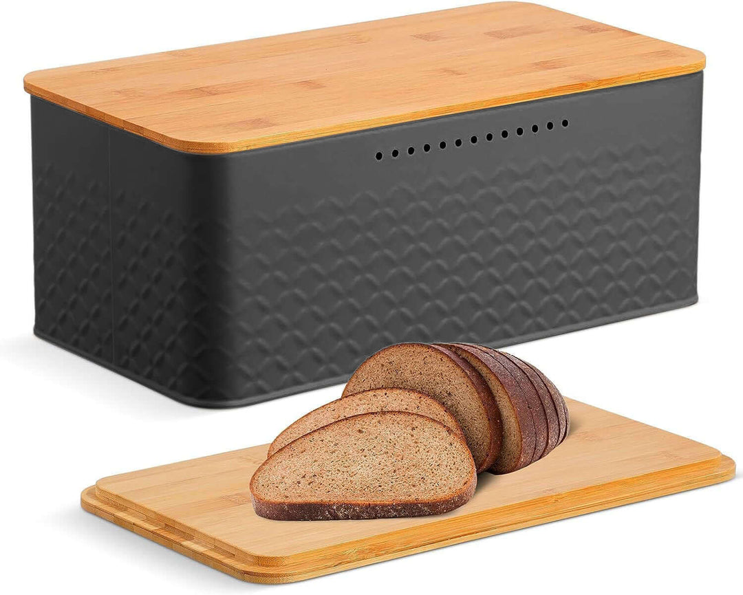 Stylish black bread bin with bamboo lid as chopping board, perfect for kitchen storage and organization of baked goods.