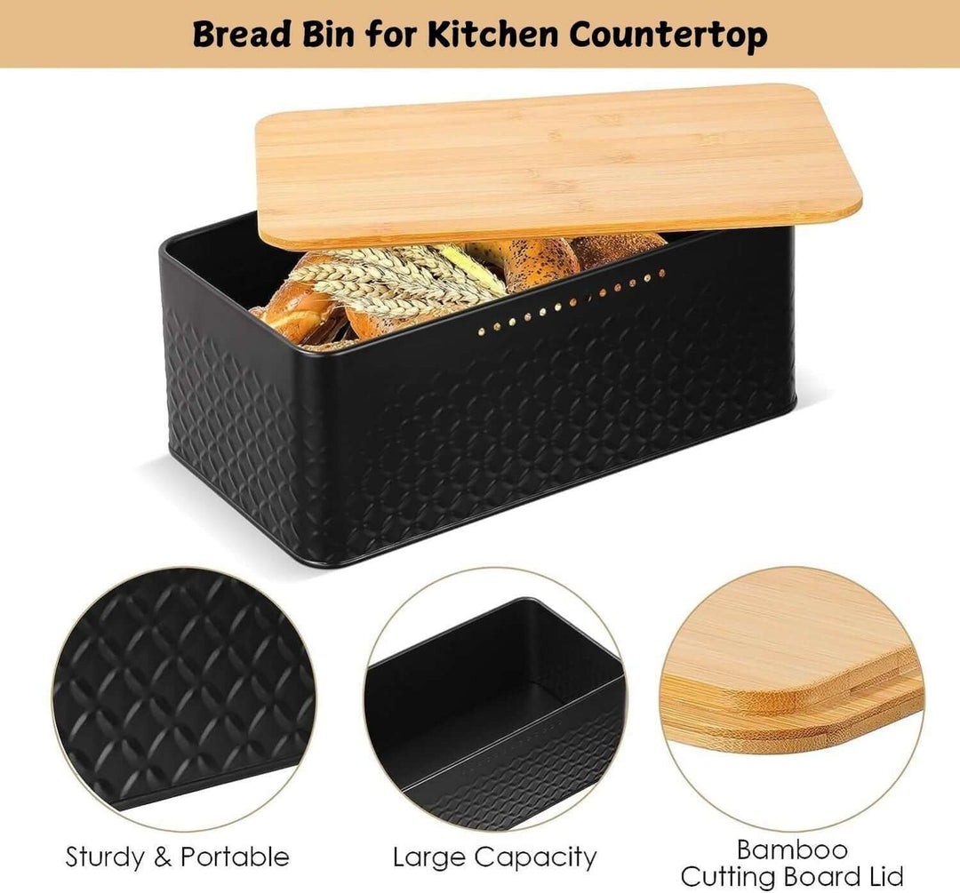 Stylish black bread bin with bamboo lid, perfect for kitchen countertop storage and as a chopping board.