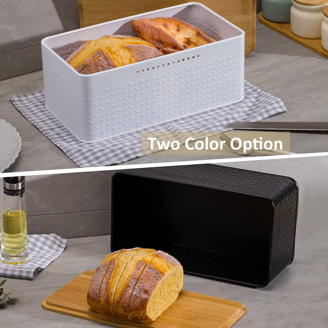 Stylish bread bin in white and black options on a kitchen countertop, doubles as a chopping board, ideal for storage.