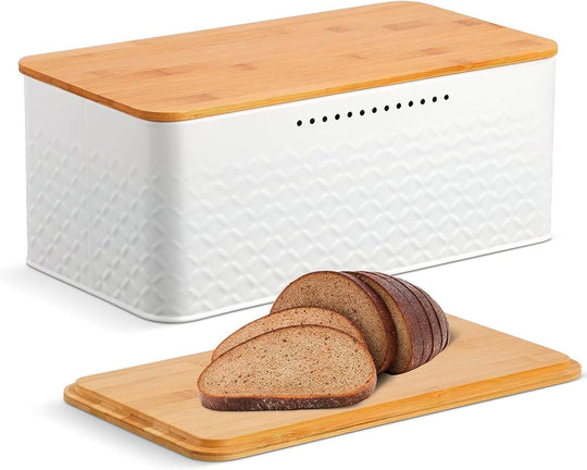 Stylish bread bin with bamboo lid doubling as a chopping board for kitchen countertop storage.