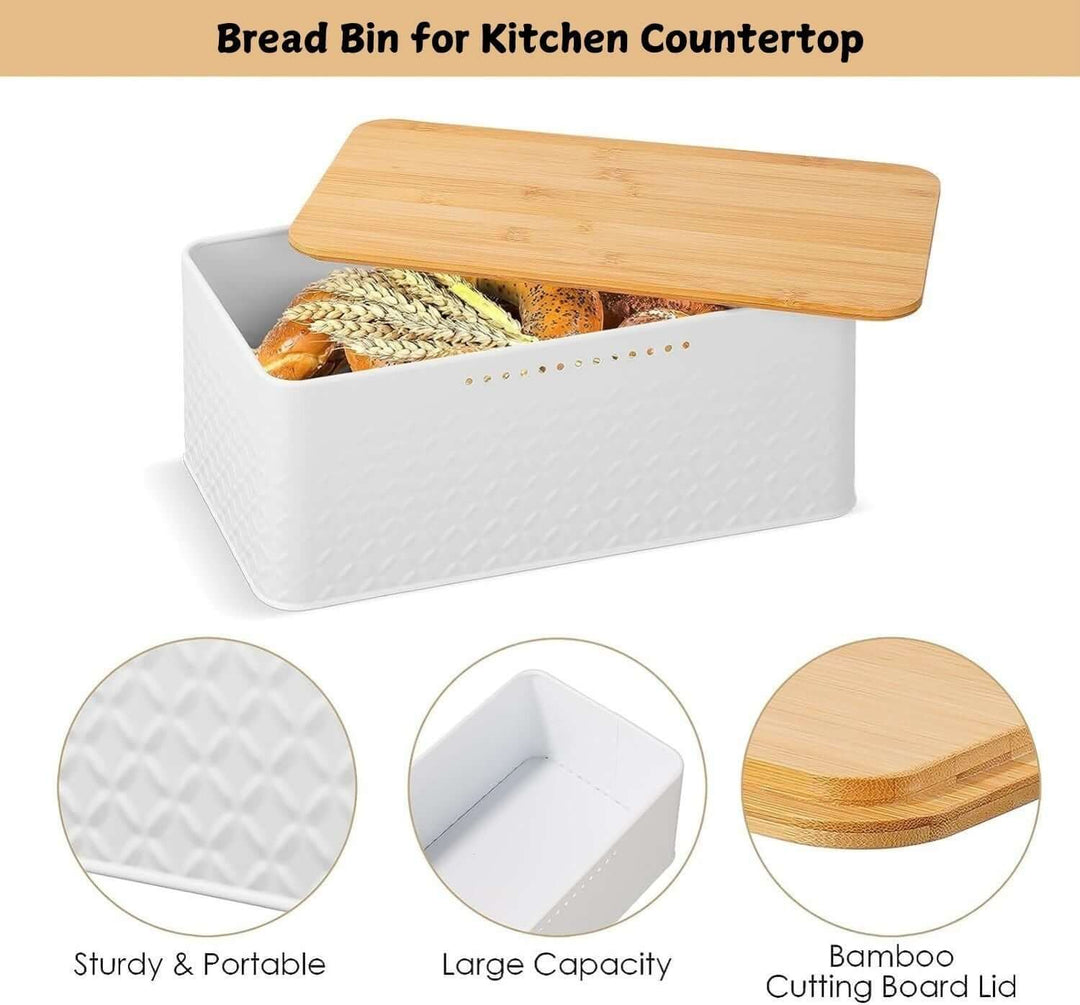 Stylish bread bin with bamboo lid for kitchen countertop, sturdy design for storage and chopping, affordable luxury.