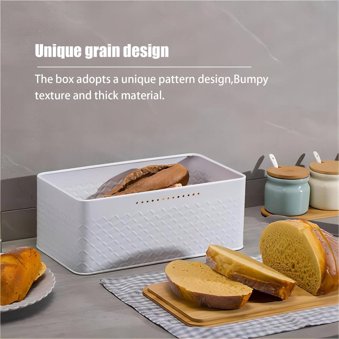 Stylish white bread bin with unique grain design and countertop display for modern kitchens.