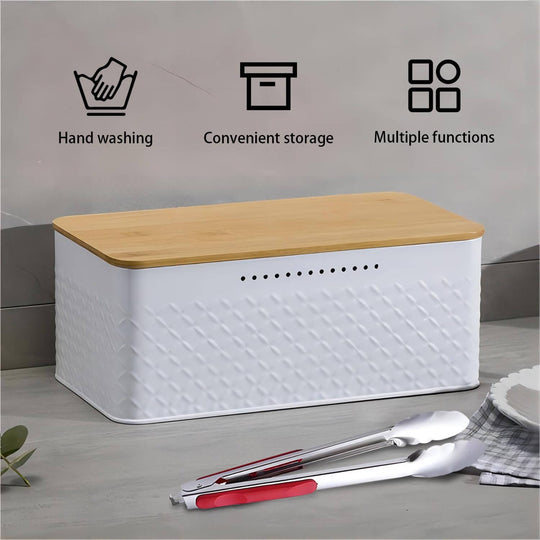 Stylish white bread bin with bamboo lid for storage and chopping, highlighting hand washing and multiple functions.