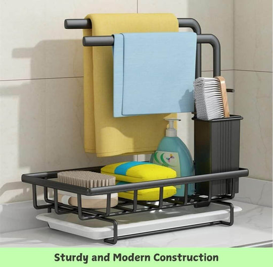 Modern sink caddy with multiple compartments for sponges, dishcloths, and brushes in a stylish kitchen setting.