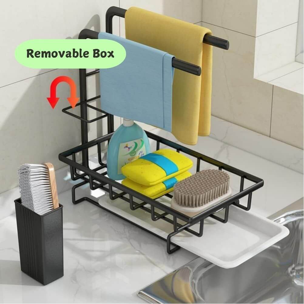 Sink caddy with removable box, dishcloths, sponges, and brush holder, perfect for a tidy kitchen setup. Affordable quality storage.