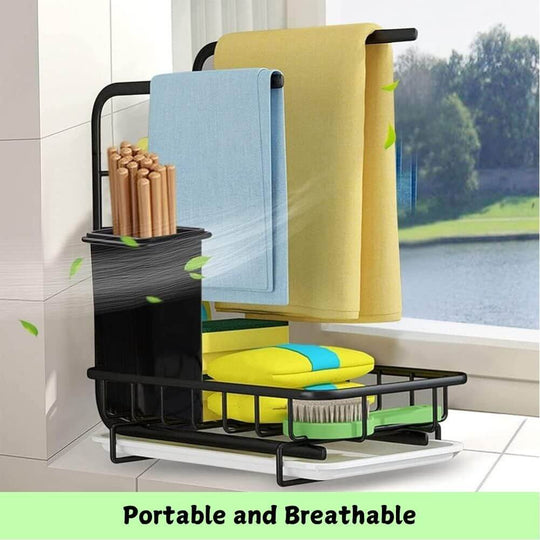 Portable sink caddy with breathable design, featuring compartments for sponges, brushes, and dishcloths, enhancing kitchen organization.