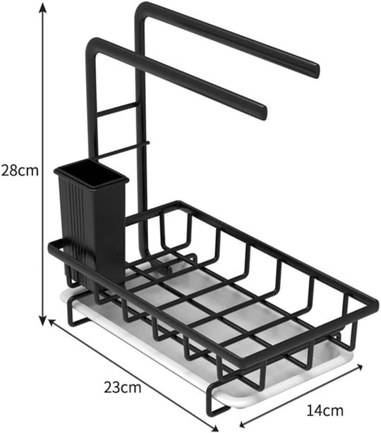 Black sink caddy with multiple compartments for sponges, brushes, and dishcloths, featuring a removable drip tray, 28cm height.