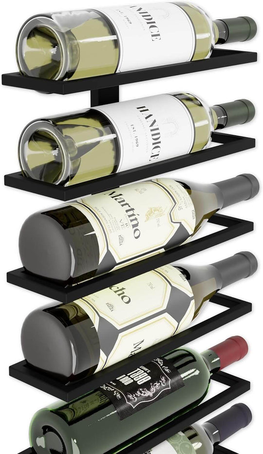 Metal wall mount wine rack holding 10 bottles, showcasing an elegant space-saving storage solution for wine and liquor.