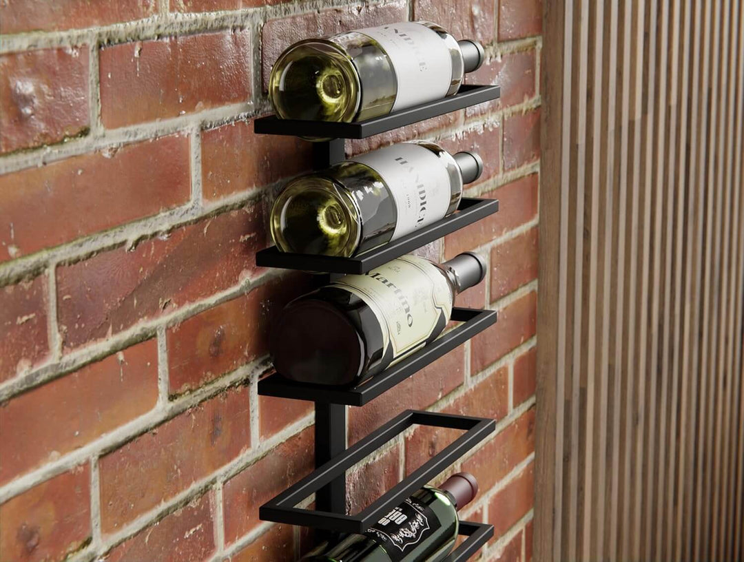 Wall-mounted metal wine rack displaying six wine bottles against a brick wall, perfect for space-saving storage.