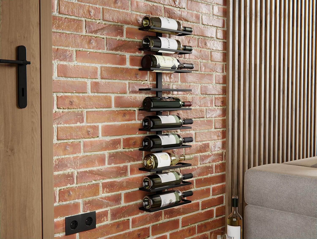 Metal wall mount wine rack holding 10 bottles on a brick wall, ideal for space-saving and stylish home decor.