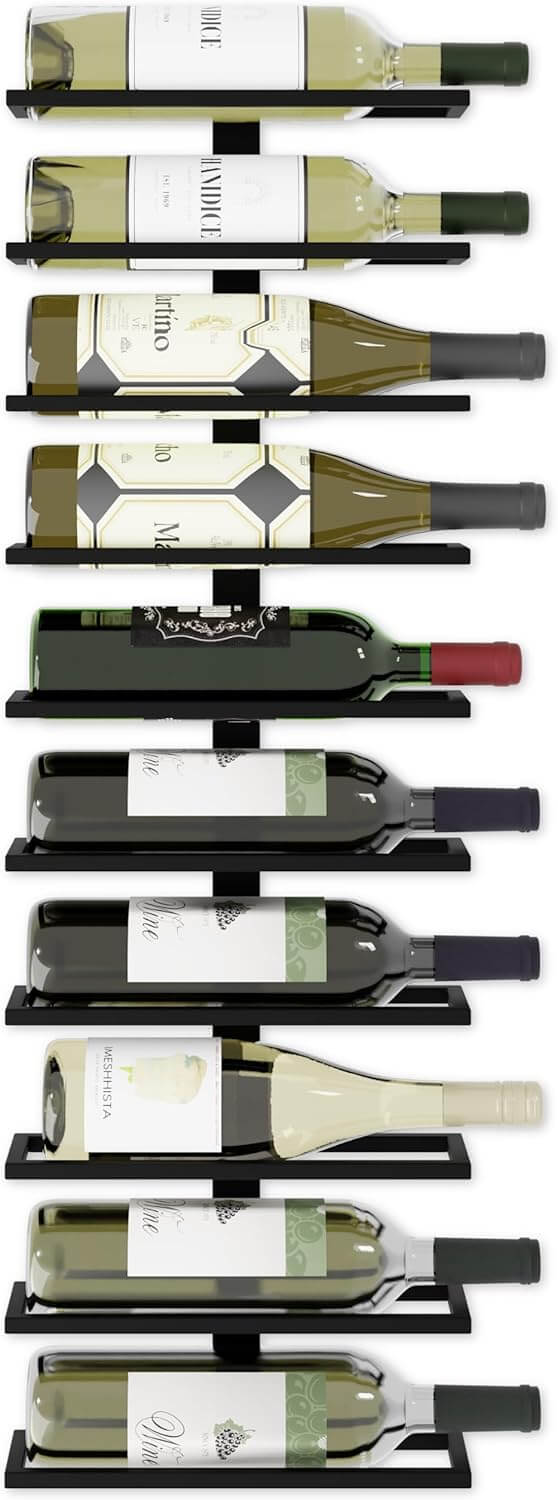 Metal wall-mounted wine rack displaying 10 wine bottles, showcasing a space-saving and stylish design for any home bar.