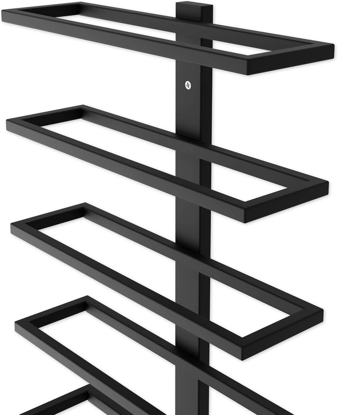 Metal wall mount wine rack featuring sleek black design with shelves for up to 10 wine bottles, ideal for space-saving storage.