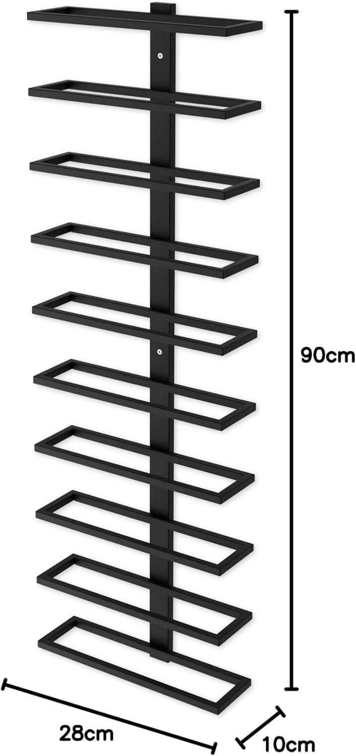 Metal wall mount wine rack, black, holds 10 bottles, space-saving design, dimensions 90cm x 28cm x 10cm.