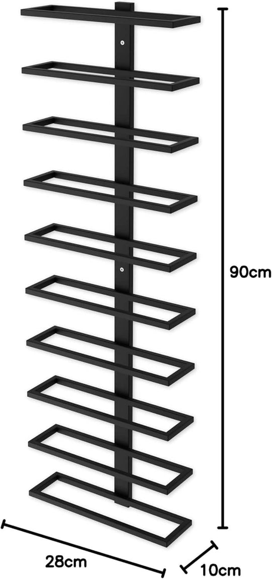 Metal wall mount wine rack, black, holds 10 bottles, space-saving design, dimensions 90cm x 28cm x 10cm.