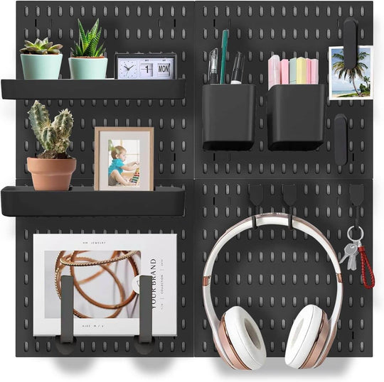 Pegboard combination kit with shelves, pots, and hooks for organizing home office essentials.