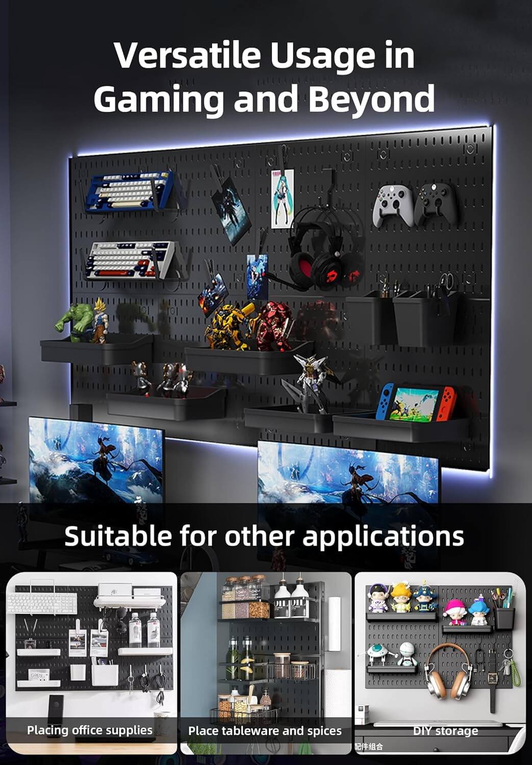 Pegboard wall organizer displaying gaming accessories, office supplies, and home decor for versatile use.