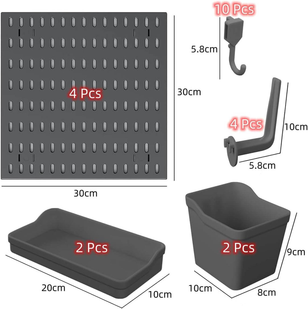 Pegboard Combination Kit with 4 pegboards, 2 storage boxes, and hooks for DIY wall organization.