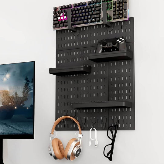 Pegboard wall organizer showcasing gaming accessories, including headphones, game controller, and shelves for storage.