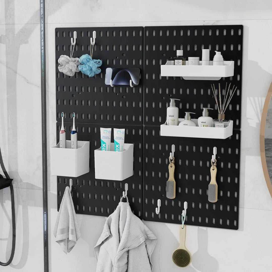 Pegboard wall organizer featuring storage boxes, shelves, and hooks for bathroom essentials.