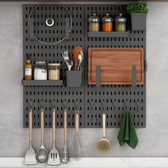 Pegboard wall organizer with kitchen utensils, jars, and shelves for efficient storage and organization.