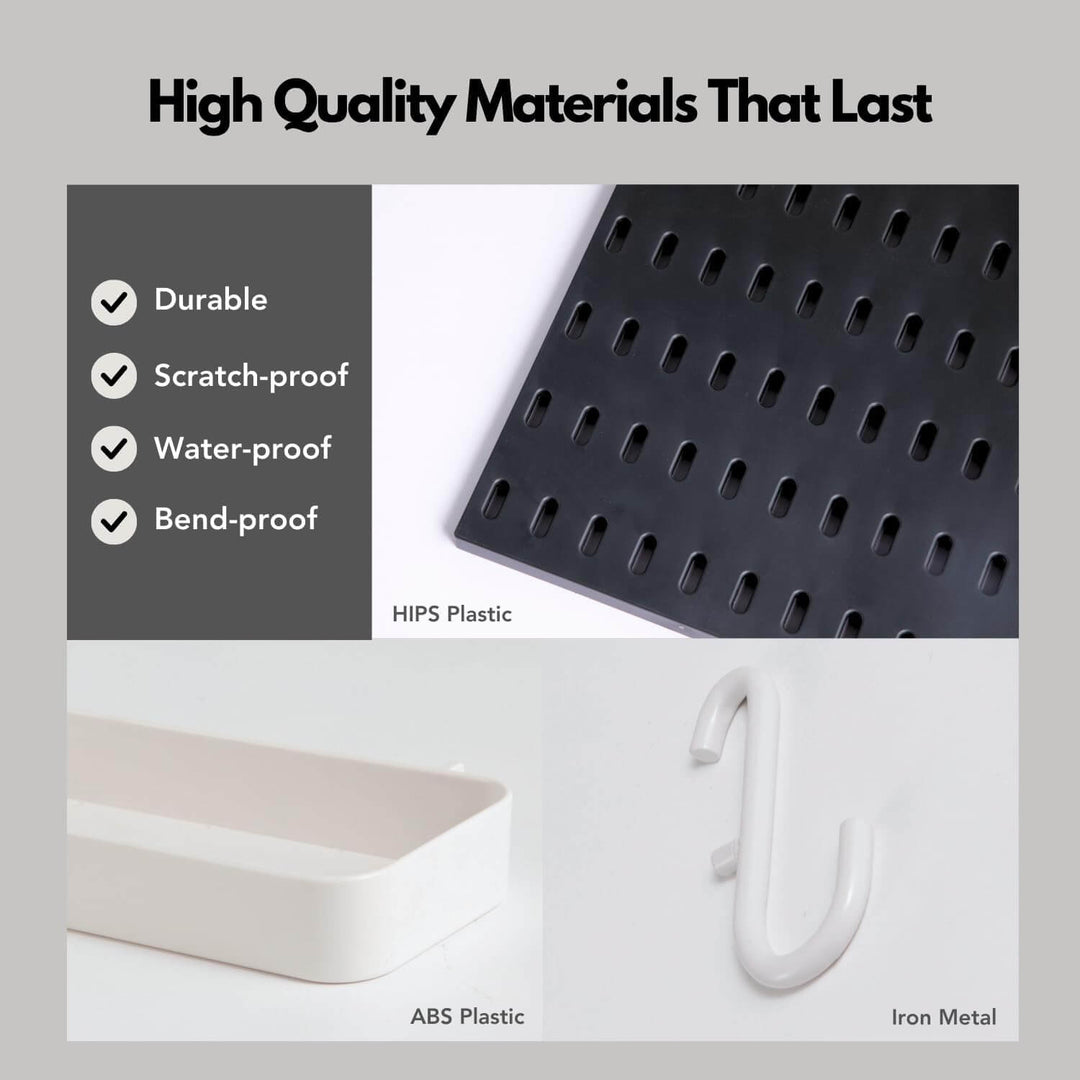 Image showcasing high-quality materials for pegboard kit: HIPS plastic, ABS plastic, and iron metal features.