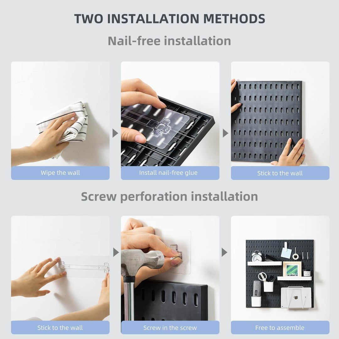 Image showing two installation methods for pegboard: nail-free and screw perforation methods.